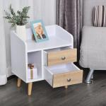 Mesa de Cabeceira com 2 Gavetas Grandes 1 Prateleira Aberta e Pés Elevados Estilo Nórdico 43x30x49 cm Branco e Madeira