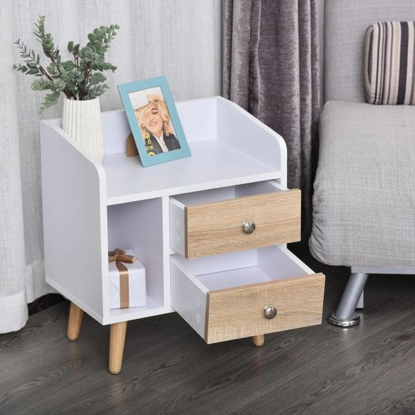 Mesa de Cabeceira com 2 Gavetas Grandes 1 Prateleira Aberta e Pés Elevados Estilo Nórdico 43x30x49 cm Branco e Madeira