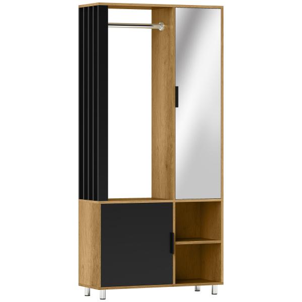 Roupeiro com Espelho e Porta Barra para Pendurar 2 Compartimentos Abertos Estilo Moderno 80x30x170 cm Madeira e Preto