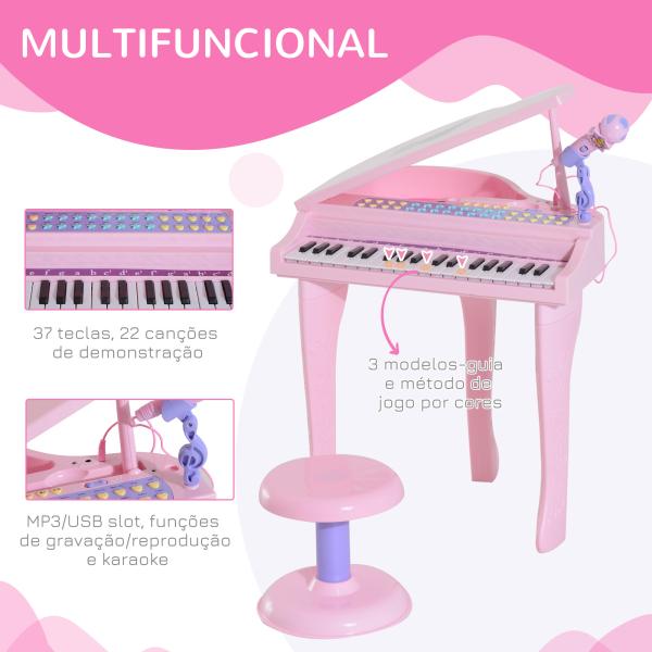 Piano para Crianças com 37 Teclas Microfone Banco Luzes 22 Músicas e Entrada para MP3 e USB 48x39x69 cm Rosa