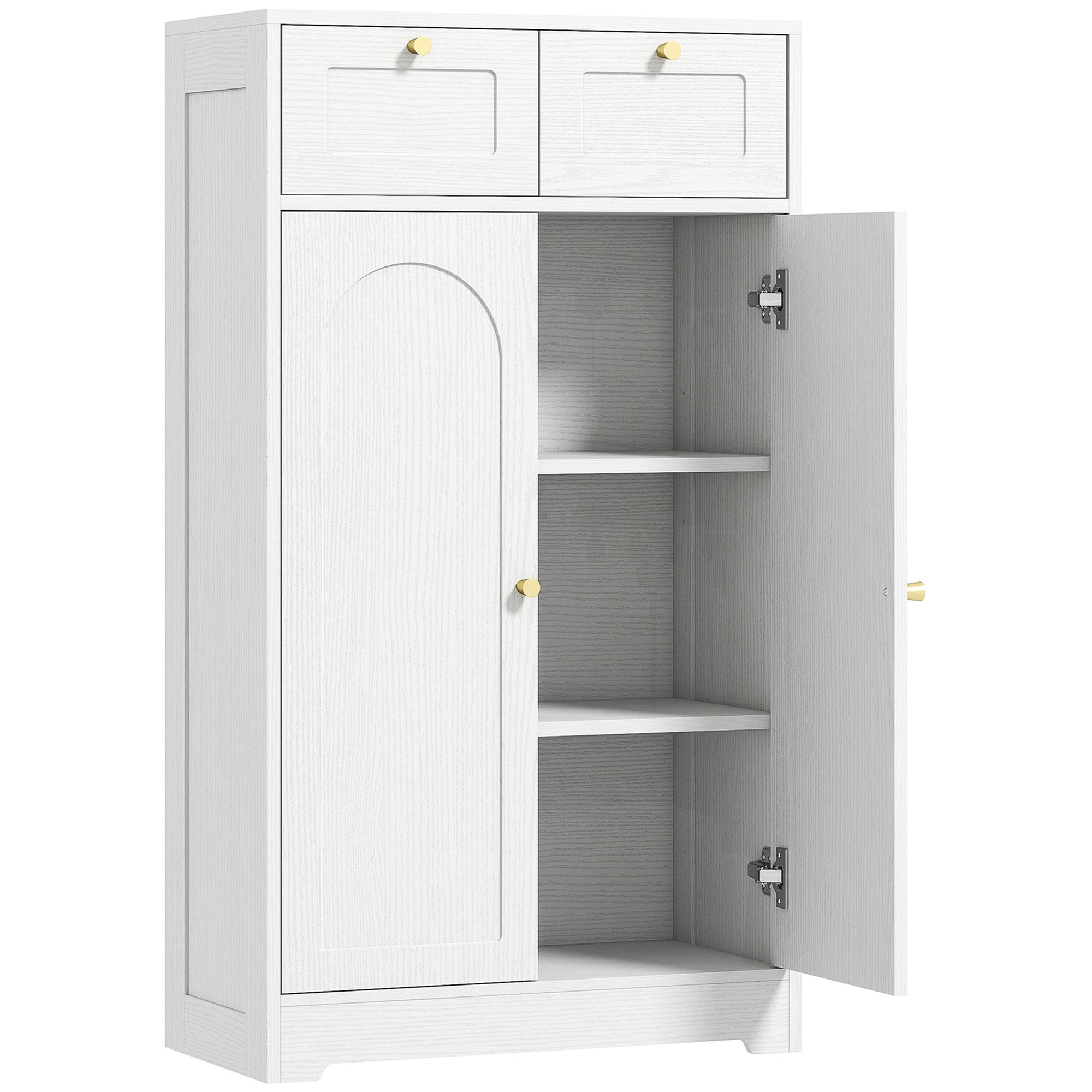 Armário de Casa de Banho Estreito com 2 Gavetas Prateleira Aberta e Porta com Painel Arqueado 60x30x108 cm Branco Texturizado