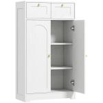 Armário de Casa de Banho Estreito com 2 Gavetas Prateleira Aberta e Porta com Painel Arqueado 60x30x108 cm Branco Texturizado