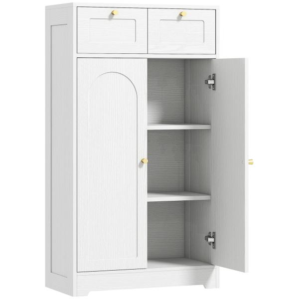 Armário de Casa de Banho Estreito com 2 Gavetas Prateleira Aberta e Porta com Painel Arqueado 60x30x108 cm Branco Texturizado