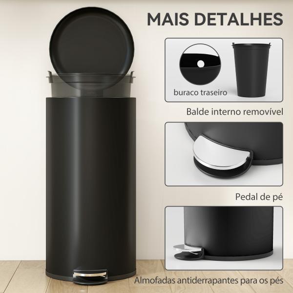 Caixote do Lixo de Cozinha 30L com Pedal, Tampa de Fecho Suave e Balde Interior Removível, Preto