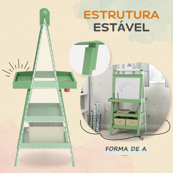 Cavalete de Pintura Infantil 3 em 1 Quadro Dupla Face com Rolo de Papel e Cestos de Arrumação Verde