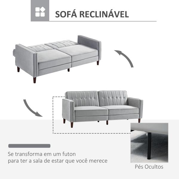 Sofá de 2 Lugares Convertível em Cama de Estofado Aveludado com Encosto Ajustável para Sala 189x80,5x78,5 cm Cinza Claro