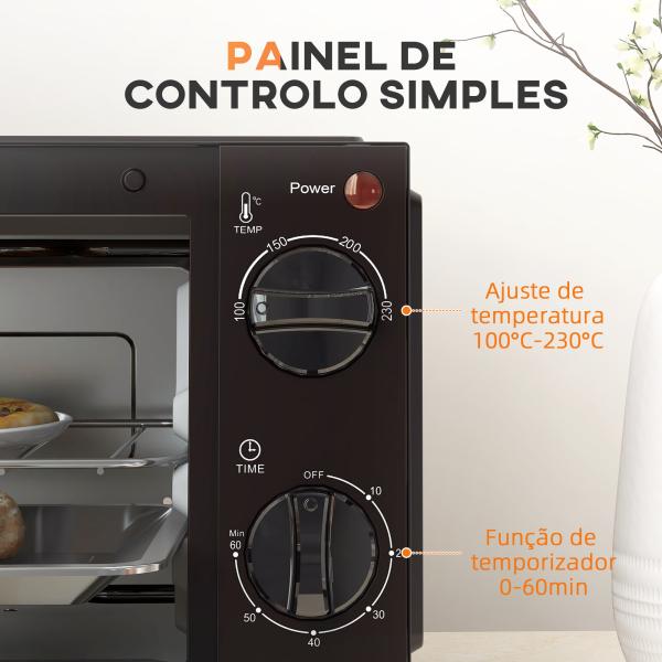 Mini Forno Elétrico 9L com Temperatura Ajustável até 230°C Temporizador 60 min e Bandeja para Assar 35x24,6x20 cm Preto