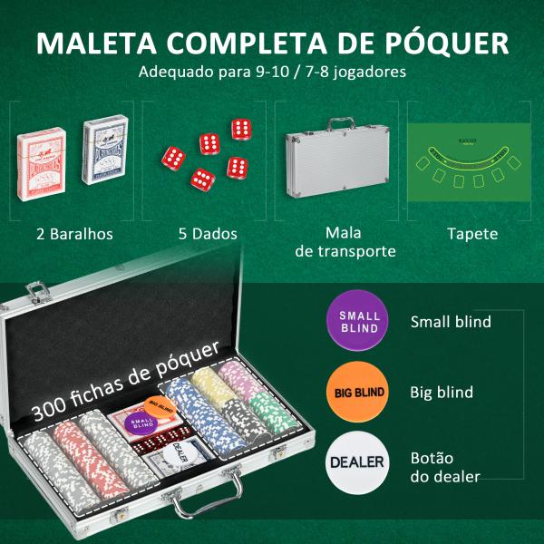 Conjunto de Póquer Profissional com 300 Fichas de 11,5 g 2 Baralhos de Cartas 5 Dados Tapete e Botão de Crupiê para 7 - 8 Jogadores com Fechadura Prata