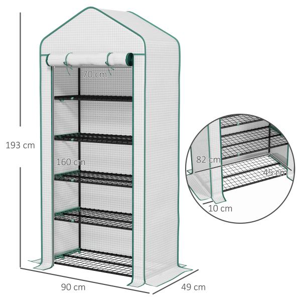 Estufa de Jardim de 5 Prateleiras Estufa Resistente com 1 Porta com Fecho de Correr Anti - UV 90x49x193 cm Branco