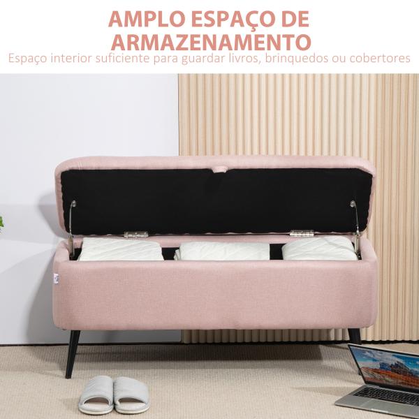 Banco de Armazenamento Estofado em Linho com Tampa Abatível e Pés de Aço Carga Máxima 150kg 101x38,5x44,5 cm Rosa