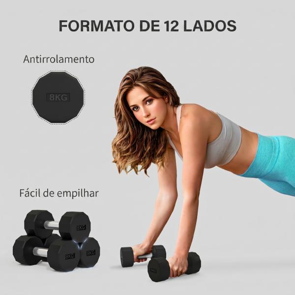 Set de 2 Halteres Dodecagonais 2 x 8 kg em Metal Revestido a Borracha para Treino em Casa e Ginásio Preto