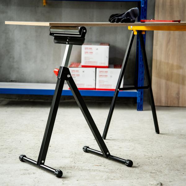 Cavalete Telescópico com Rolo Dobrável e Altura Ajustável entre 68 - 110cm com Manivela de Bloqueio Carga Máx. 60/90kg Preto e Prata