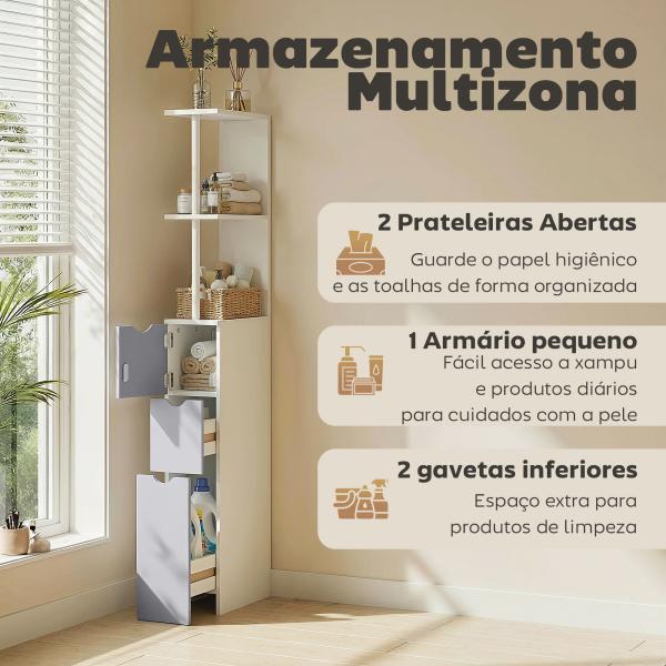 Armário Alto para Casa de Banho com 2 Prateleiras 1 Porta e 2 Gavetas 15x33x136 cm Branco