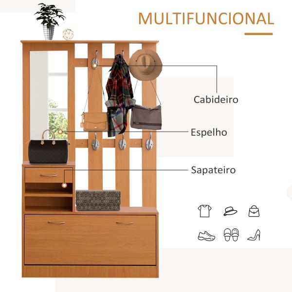 Móvel Cabide de Entrada de 3 Peças Armário de Entrada com Cabide Espelho Sapateira e Gaveta 90x10x102 cm Madeira
