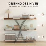 Mesa Consola de 3 Níveis Estilo Industrial com 2 Prateleiras Abertas e Estrutura Metálica em X Consola Estreita 110x30x91 cm Castanho Rústico