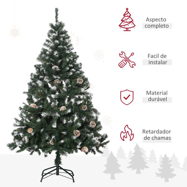 Árvore de Natal Artificial 150cm com 676 Ramas e 41 Pinhas Folhas de PVC com Efeito de Neve Base Dobrável e Suporte Metálico para Interiores Verde