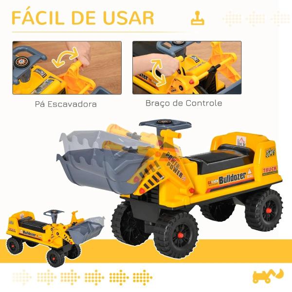 Trator sem Pedais para Crianças de 2 - 3 Anos com Pá Escavadora Espaço de Armazenamento Oculto Volante e Buzina 70x26x37cm Amarelo