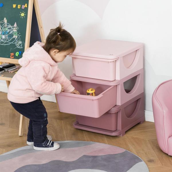 organizador de brinquedos Infantil para crianças acima de 3 anos com 3 Gavetas e Alças amplo espaço de armazenamento para Brinquedos Roupas Livros 37x37x56,5 cm Rosa