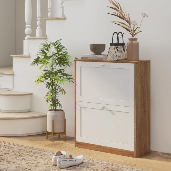 Sapateira Estreita com 2 Portas Prateleiras Ajustáveis para 12 Pares de Sapatos 60x24,5x75,5 cm Mdeira e Branco