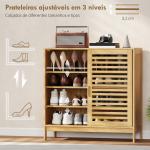 Sapateira de Bambu com 2 Portas de Correr de Ripas Sapateira de Entrada com Prateleiras Ajustáveis para 16 Pares de Sapatos 80x35x80 cm Madeira