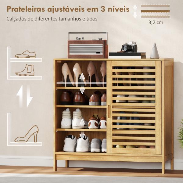 Sapateira de Bambu com 2 Portas de Correr de Ripas Sapateira de Entrada com Prateleiras Ajustáveis para 16 Pares de Sapatos 80x35x80 cm Madeira