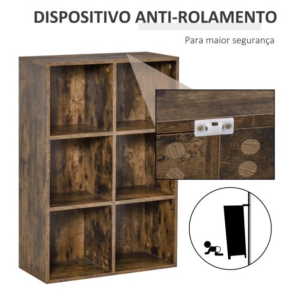 Estante de 3 Níveis Prateleira para Livros com 6 Cubos de Arrumação para Escritório 65,5x30x97,5 cm Castanho Rústico
