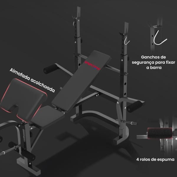 Banco de Musculação Multifuncional Inclinável Banco de Pesos com Suporte para Barra Ajustável Extensão de Pernas 106x155x202 cm Preto