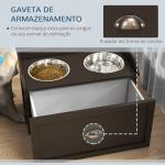 Comedouro Elevado para Cães com 2 Tigelas 2000ml de Aço Inoxidável Gaveta Oculta com Suporte de Madeira 60x30x36cm Marrom Escuro