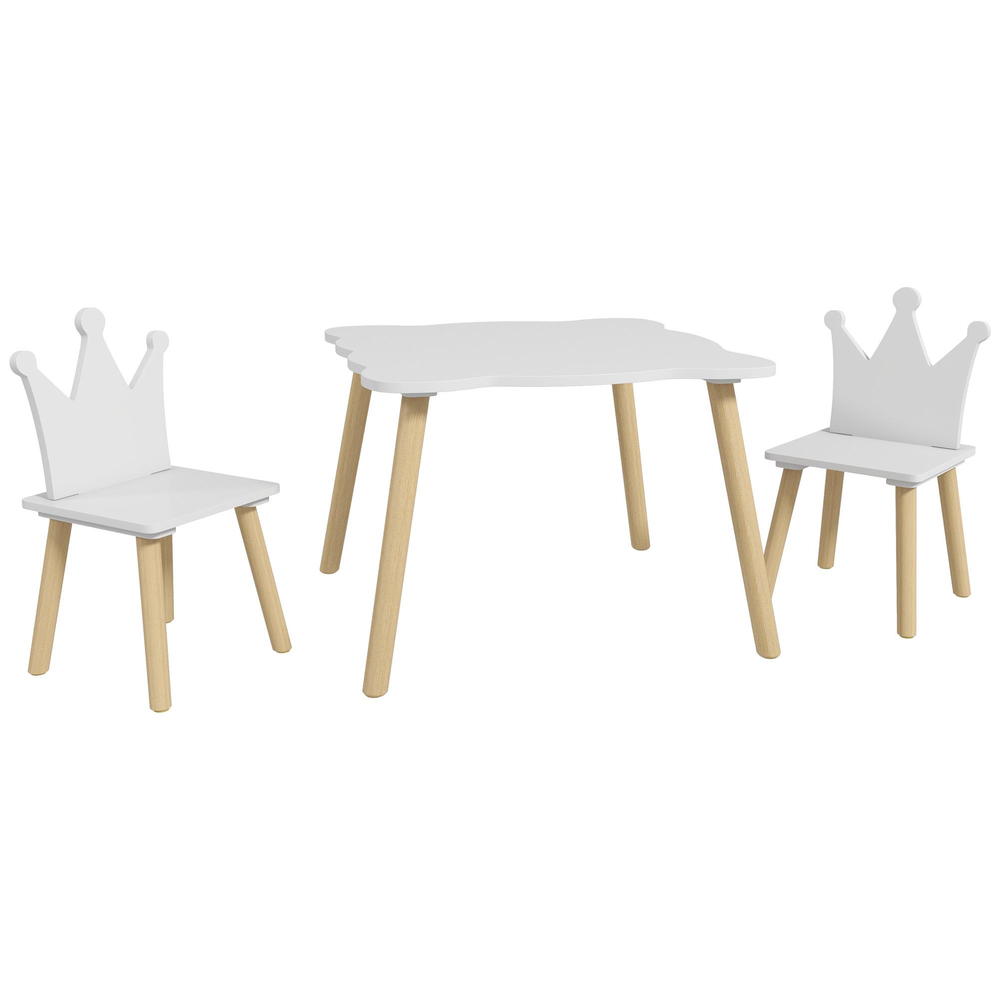 Mesa Infantil com 2 Cadeiras com Encosto em Forma de Coroa para Crianças de 3 - 6 Anos para Sala de Jogos Dormitório Branco