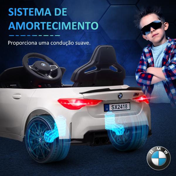 Carro Elétrico para Crianças BMW M4 12V com Controlo Remoto Faróis Buzina Música e Velocidade 3 - 5 km/h 108x69,5x51 cm Branco