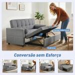 Sofá - Cama 2 Lugares 3 em 1 Deslizante em Tecido Linho com Encosto Ajustável Bolsos 2 Almofadas para Sala de Estar Cinzento