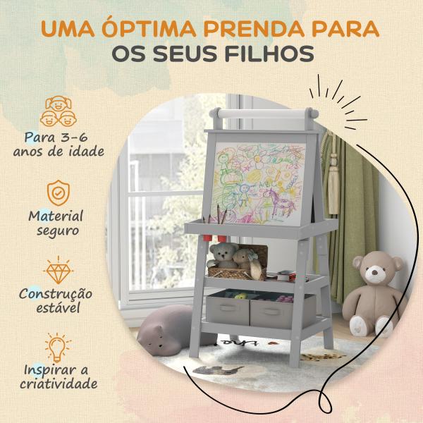 Cavalete de Pintura Infantil 3 em 1 Quadro Dupla Face com Rolo de Papel e Cestos de Arrumação Cinzento