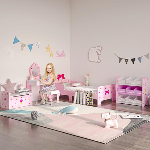 Toucador Infantil de Madeira com Banco Espelho e Gaveta Mesa de Maquilhagem para Crianças entre 3 - 6 Anos 50x36,5x89,5cm Rosa