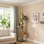 Árvore para Gatos do Chão ao Teto 37x21x202 - 242 cm com 4 Plataformas de Relva Artificial Folhas Artificiais e Poste de Juta Verde