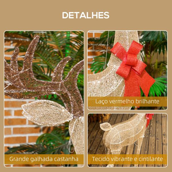 Reno Luminoso de Natal Decoração de Natal com 137 LEDs Branco Quente Iluminação Natalícia 66x25x135 cm Dourado