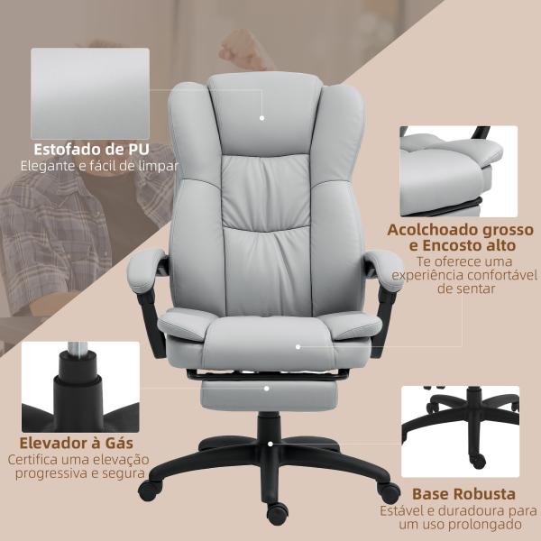 Cadeira de Escritório com Altura Ajustável 6 Pontos de Massagem e Apoio para os Pés Retrátil 68,5x68,5x113 - 121 cm Cinza