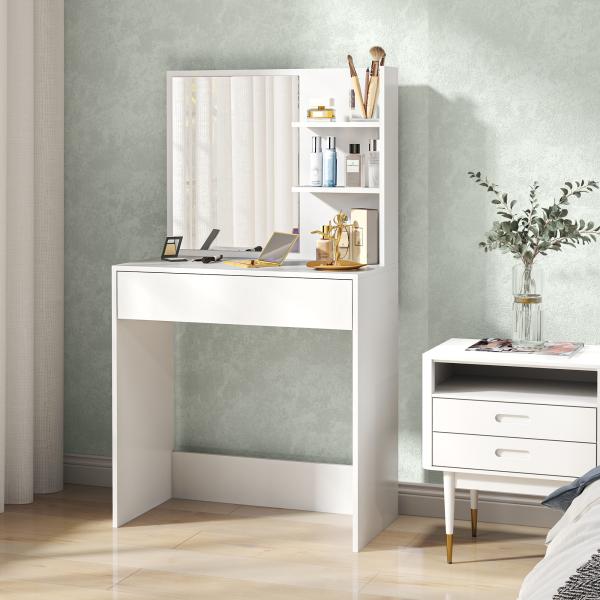 Toucador de Maquilhagem com Espelho Mesa de Maquilhagem com Gaveta e Prateleiras Abertas 75x40x137 cm Branco