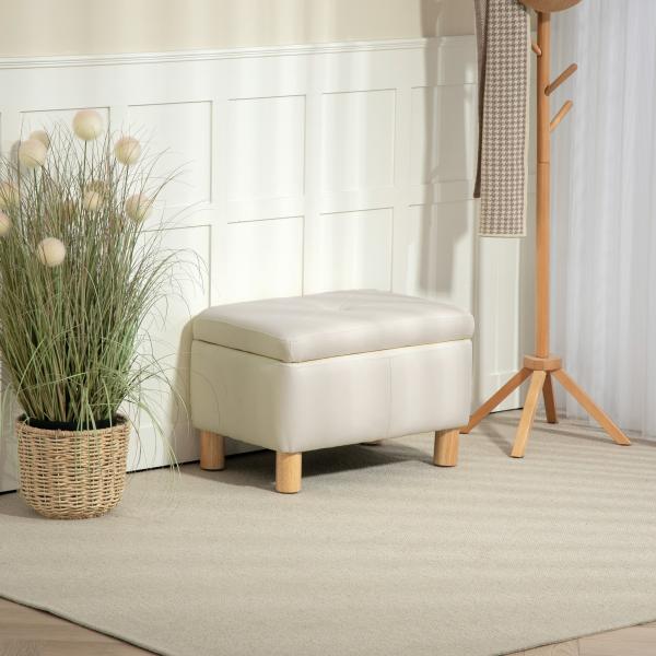 Baú de Armazenamento para Dormitório 33L Puff de Armazenamento Estofado em PU Banco de Arrumação 60x38x40 cm Creme
