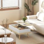 Mesa de Centro Elevatória com 3 Compartimentos de Armazenamento Ocultos e Pés de Madeira 100x79x54 cm Madeira e Branco