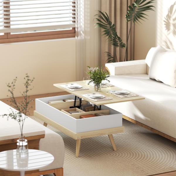 Mesa de Centro Elevatória com 3 Compartimentos de Armazenamento Ocultos e Pés de Madeira 100x79x54 cm Madeira e Branco