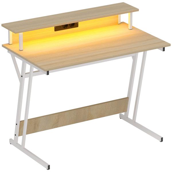 Secretária Gaming com Luzes LED 100x60x88,5 cm com Tomadas de Corrente Suporte para Monitor Prateleiras e Controlo Remoto Madeira