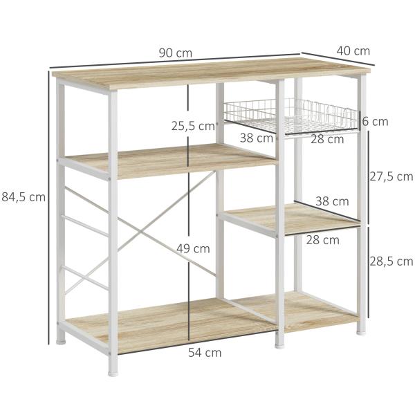 Estante de Cozinha com 1 Cesto 4 Ganchos em S 6 Pés com Almofadas Ajustáveis e Prateleiras 90x40x84,5 cm Carvalho e Branco