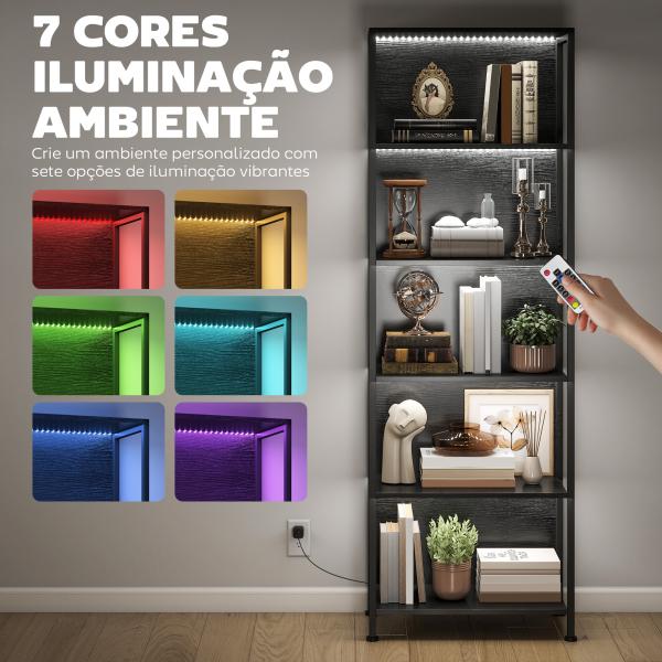 Estante de 5 Níveis com Luzes LED de 7 Cores Estante para Livros Estante de Estilo Industrial 60x30x179 cm Preto