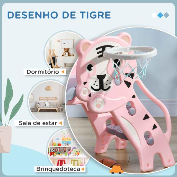 Escorrega para Crianças 2 em 1 com 2 Degraus Cesta de Basquetebol e Desenho de Tigre para Interior 133x60x70 cm Rosa