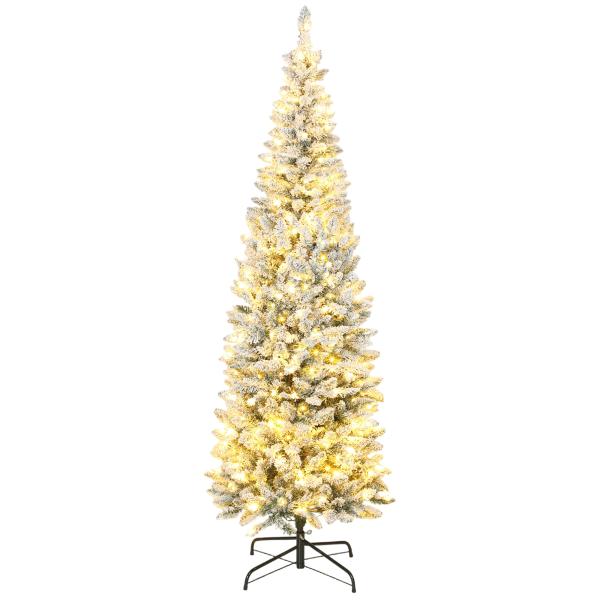 Árvore de Natal Estreita 210 cm Nevada com Luzes LED Bicolores 11 Modos de Iluminação 687 Ramos Suporte Metálico Verde