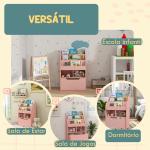 Estante de Madeira para Brinquedos com 3 Compartimentos 2 Prateleiras e Gaveta Móvel com 4 Rodas 60x29,9x90 cm Rosa