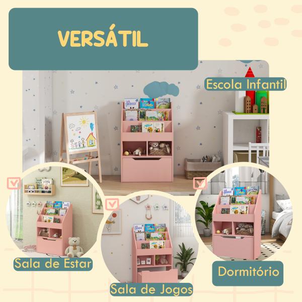 Estante de Madeira para Brinquedos com 3 Compartimentos 2 Prateleiras e Gaveta Móvel com 4 Rodas 60x29,9x90 cm Rosa