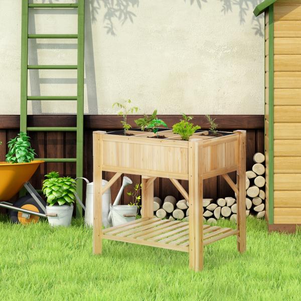 Horta Urbana de Madeira Mesa de Cultivo com 6 Compartimentos e Prateleira Inferior para Plantas e Flores em Jardim Terraço Exterior Capacidade 80 kg 78,5x58x81 cm Cor Natural