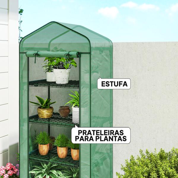 Estufa de Exterior com 4 Prateleiras e Rodas Porta Enrolável Estrutura em Aço e Cobertura de PE 140g/㎡ Anti - UV 69x50x165 cm Verde