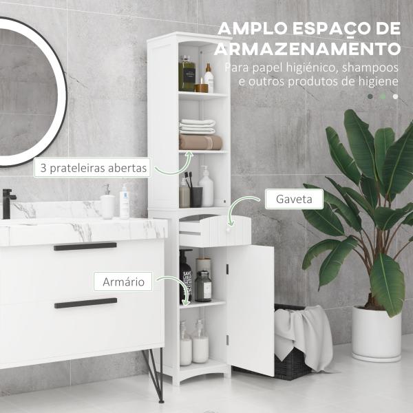 Armário de coluna multiuso branco para banheiro com prateleiras 34x24x170cm 3 prateleiras 1 porta e 1 gaveta